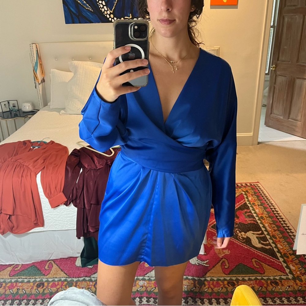ASOS DESIGN mini dress with batwing sleeve and wrap waist in satin
